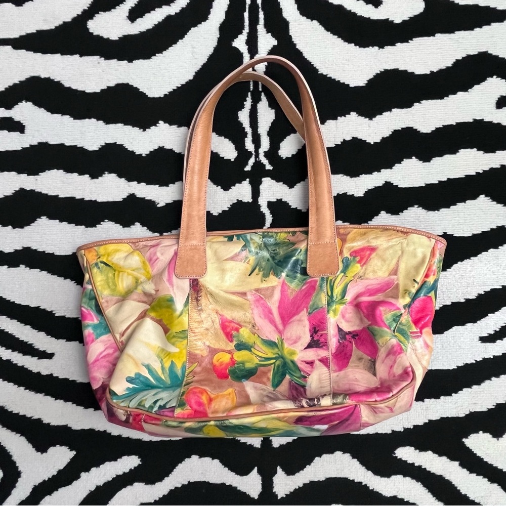 Maurizio Taiuti Rare Leather Bag Oversized Hand Painted Floral Italian Leather - Picture 2 of 11